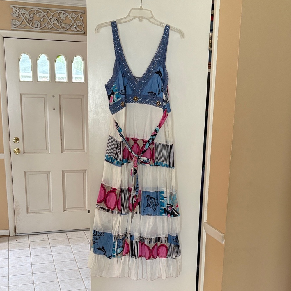 Blue, White & Pink Tiered V-Neck Midi Dress
